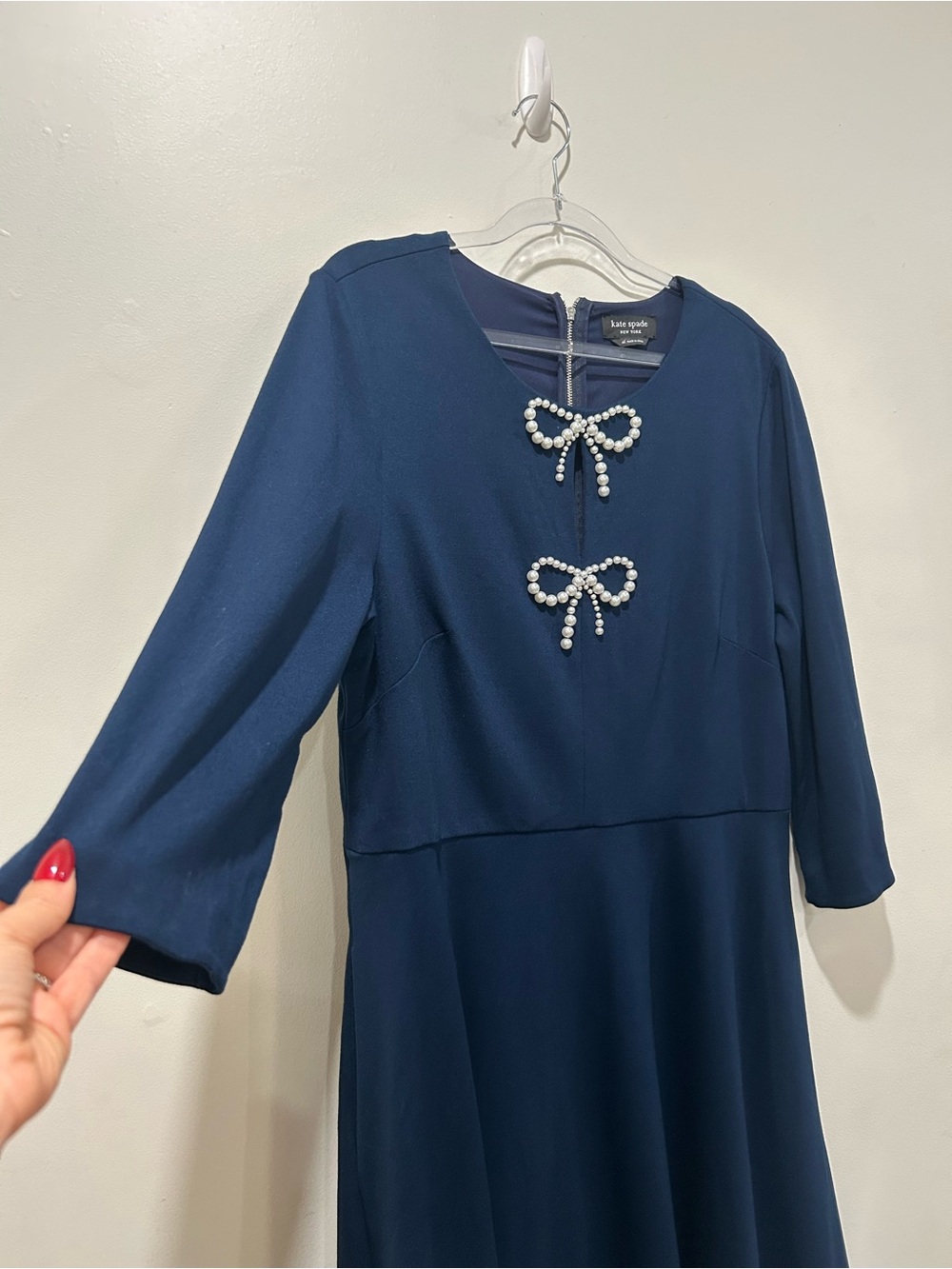 Kate Spade A-line Dress Pearl Bows Women’s XL Navy Blue Stretch Pockets Dressy - Picture 7 of 15
